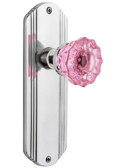 Streamline Deco Door Set with Colored Fluted Crystal Glass Knobs Pink in Polished Chrome.
